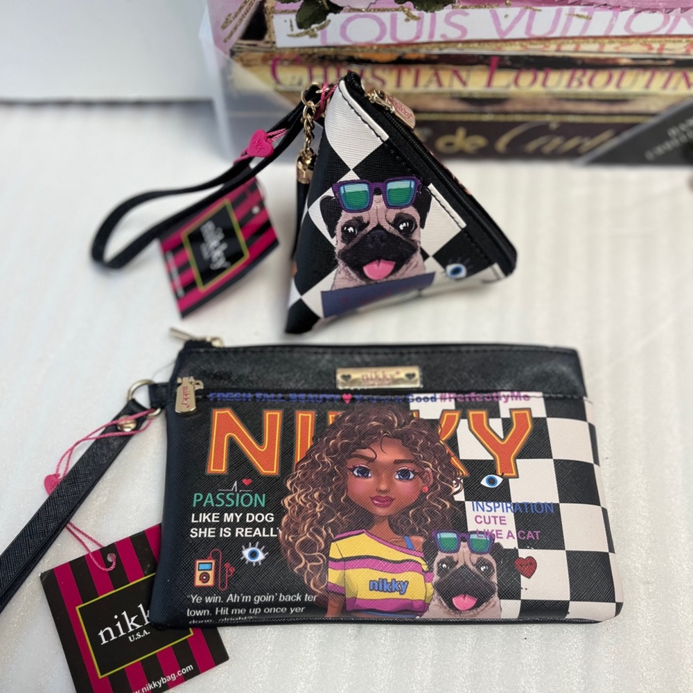 2pc Pug purse Nikky Black and White Wallet Wristlet Coin purse Set pug dog